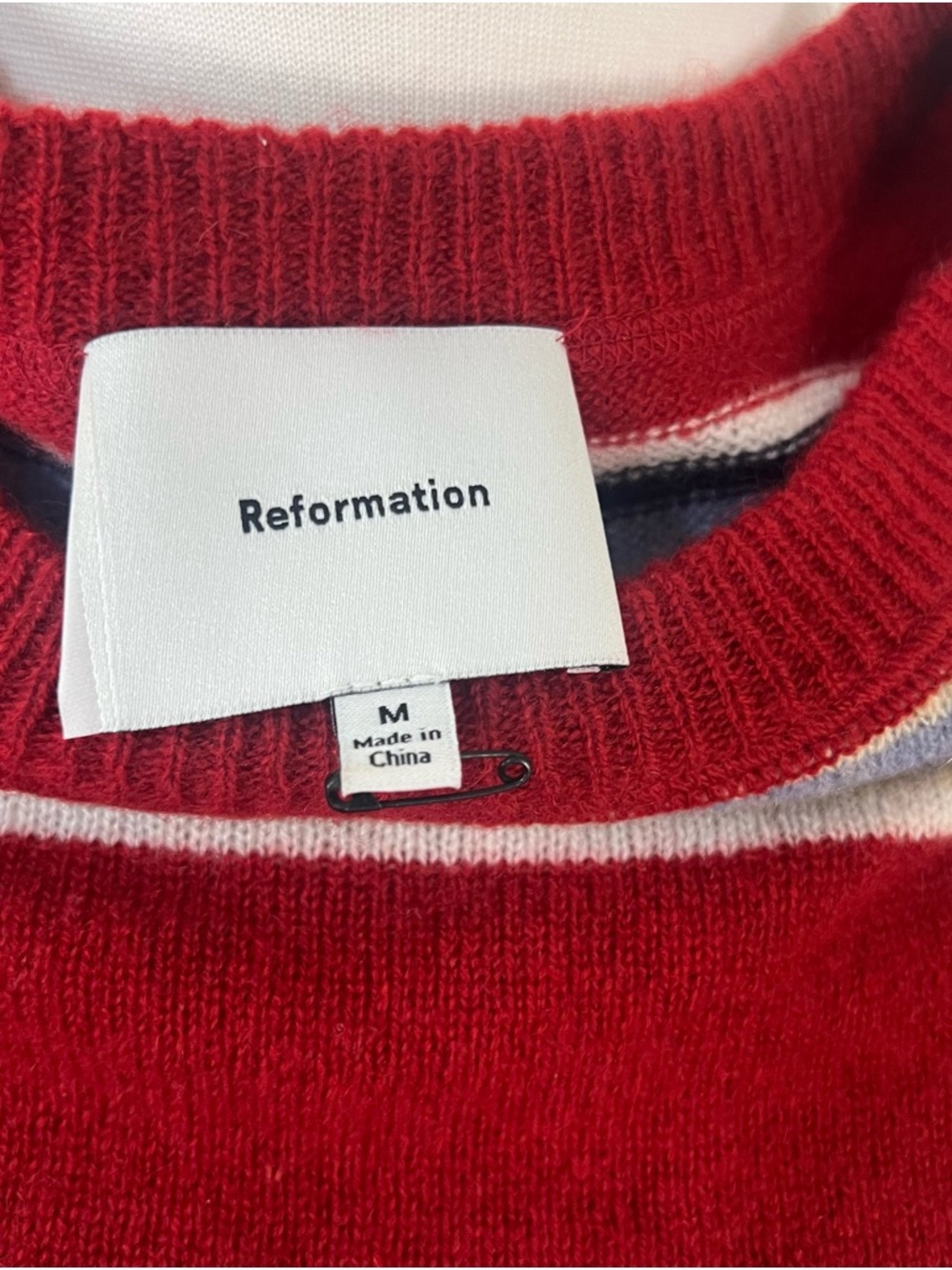 Reformation Cashmere Boyfriend Sweater Striped Red Blue Cream Crew Neck M - Picture 8 of 8
